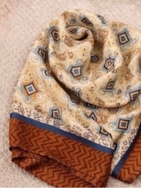 Cream Blue Vintage Style Silk Feel Scarf Boho Chic